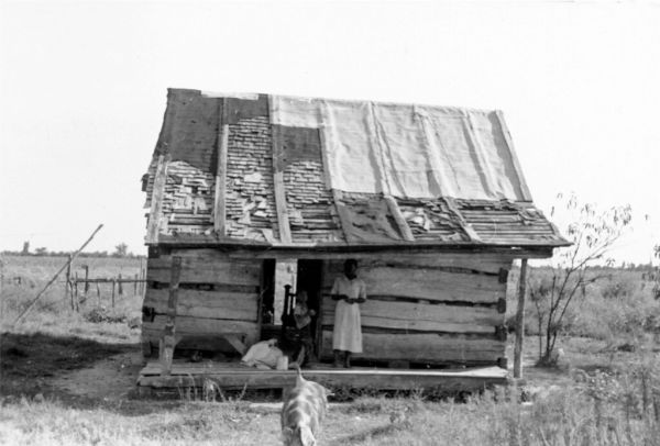 A young woman and child on the porch of a small house with disintegrating roof. A pig is in the yard and enclosure behind the building. From the image verso: 'Myrtle's neighbor's house'