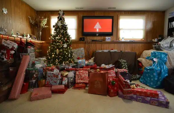 Presents under the tree on Christmas morning