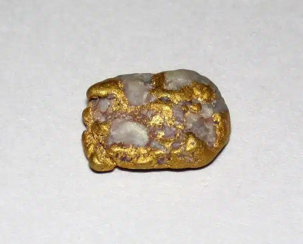 Gold-quartz placer nugget (derived from auriferous Precambrian basement rocks; Elk Creek, west of Rt. 285 & southeast of Lead, Black Hills, South Dakota, USA) 2