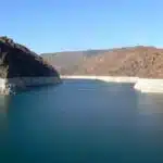 Lake mead near las vegas taken from hoover dam showing white edging due to calcium deposits where water level has dropped