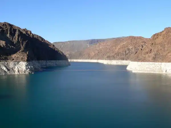 Lake mead near las vegas taken from hoover dam showing white edging due to calcium deposits where water level has dropped