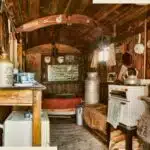 The interior of a restored shepherd's hut