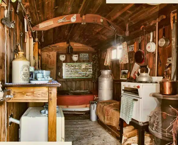 The interior of a restored shepherd's hut