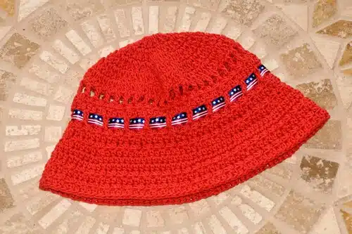 Red crocheted sun hat