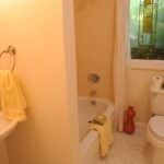 Bathroom mirror, basin, towel ring, tub, toilet, lighting, staged house, U District, Seattle, Washington, USA