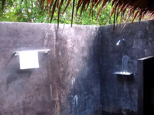 Polished concrete walls of the outdoor bathrrom shower, Koh Mak, Thailand