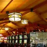 AFTER Lodge Style Casino Decor | Suspended Wood Beam Ceiling | Mica Chandelier | Sage Room | Soboba Casino