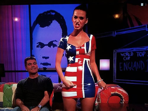 Phone photo: Katy Perry's amazing half Star Spangled Banner and half Union Jack dress on ITV's 'James Corden's World Cup Live' programme.