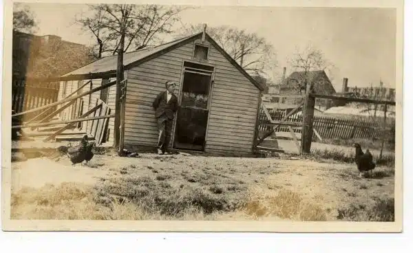Male student leaning on a shed with chicken