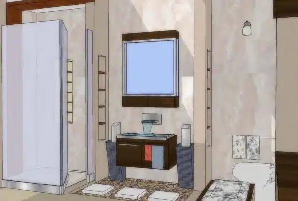 Desain Kamar Mandi Komposisi Shower Tray Wastafel dan Toilet Marmer Slab