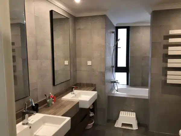Double vanity design, porcelain ceramic bathroom undermount rectangular vanity sink, lavatory sink, bathroom mirror, bathroom cabinet and faucet