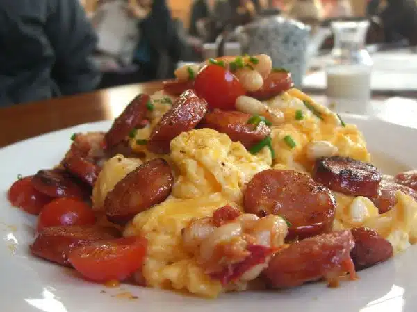 Scrambled Eggs with Chorizo, Cannelini Beans, Cherry Tomatoes - The Maling Room
